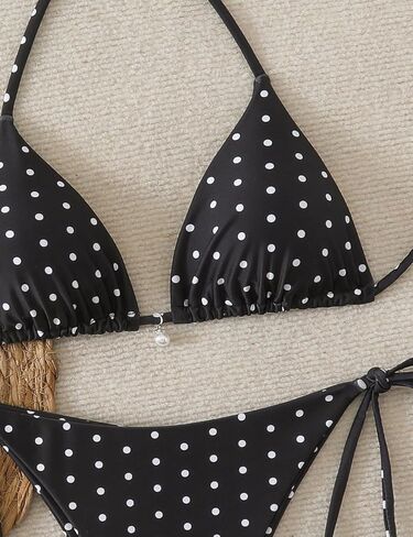 Tainehs Women's Polka Dot Triangle Bikini Set Halter Neck Tie Side Two Piece Swimsuits with Pearl Details Bathing Suit in Saudi Arabia
