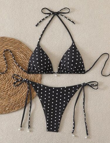 Tainehs Women's Polka Dot Triangle Bikini Set Halter Neck Tie Side Two Piece Swimsuits with Pearl Details Bathing Suit in Saudi Arabia