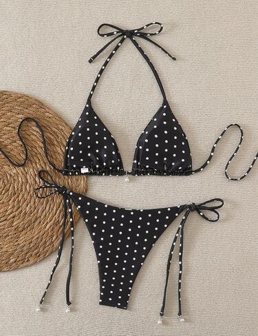 Tainehs Women's Polka Dot Triangle Bikini Set Halter Neck Tie Side Two Piece Swimsuits with Pearl Details Bathing Suit in Saudi Arabia