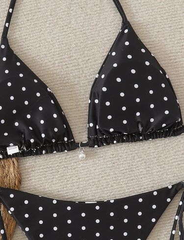 Tainehs Women's Polka Dot Triangle Bikini Set Halter Neck Tie Side Two Piece Swimsuits with Pearl Details Bathing Suit in Saudi Arabia