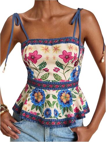 Women's Floral Going Out Cami Top Sleeveless Spaghetti Strap Camisole Peplum Summer Tops in Saudi Arabia