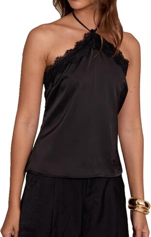 Lace Trim Satin Cami Top for Women Halter Neck Tie Up Crop Camisole Going Out Backless Sleeveless Tank Tops Streetwear in Saudi Arabia