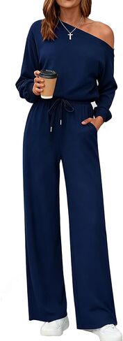 Chicyes المرأة حللا أنيق كم طويل واحد الكتف بنطال ذو قصة أرجل واسعة رومبير عادية الربيع عطلة السفر الشتاء وتتسابق in Kuwait