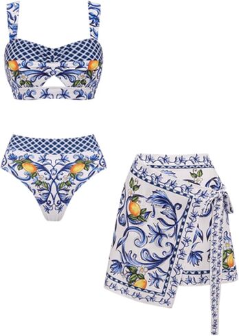 طقم بيكيني نسائي من FLAXMAKER بخصر عالٍ وطباعة ليمون مكون من قطعتين ملابس سباحة متواضعة وتنورة قصيرة in Kuwait