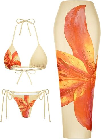 Womens 3pcs Swimsuit Floral Print Bikini Sets with Beach Cover Up Apron-wrap Skirt Triangle Bikini Top in Saudi Arabia