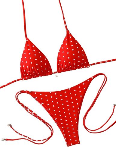 Tainehs Women's Polka Dot Triangle Bikini Set Halter Neck Tie Side Two Piece Swimsuits with Pearl Details Bathing Suit in Saudi Arabia