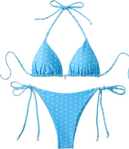Tainehs Women's Polka Dot Triangle Bikini Set Halter Neck Tie Side Two Piece Swimsuits with Pearl Details Bathing Suit in Saudi Arabia