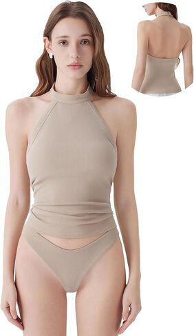 SUUKSESS High Neck Tank Tops with Built in Bras Halter Tops for Women Backless Going Out Tops in Saudi Arabia