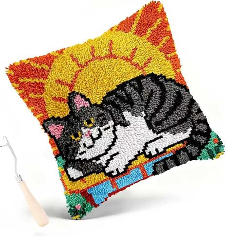 Miaceito Colored Cat Latch Hook Kits for Adults Beginners,DIY Pre-Printed Latch Hook Pillow Kits Includes Wooden Hook Tool,17x17 Inch Home Decor Sofa Cushion in Saudi Arabia