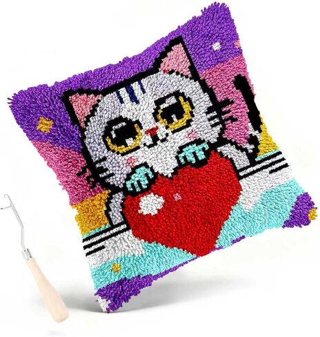 Miaceito Colored Cat Latch Hook Kits for Adults Beginners,DIY Pre-Printed Latch Hook Pillow Kits Includes Wooden Hook Tool,17x17 Inch Home Decor Sofa Cushion in Saudi Arabia