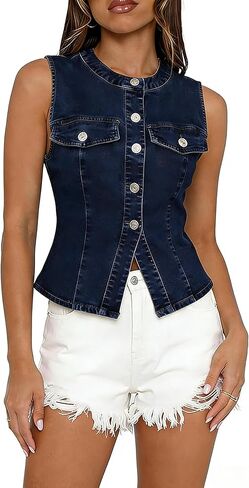 Casual Denim Vest Tops Button Down Sleeveless Fitted Jean Tank Tops for Women Trendy Summer Waistcoat in Saudi Arabia