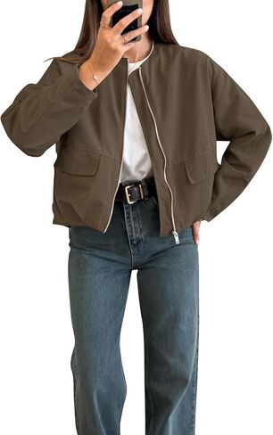 جاكيت نسائي كاجوال بياقة دائرية وأكمام طويلة وجيوب وحاشية مجمعة in Kuwait