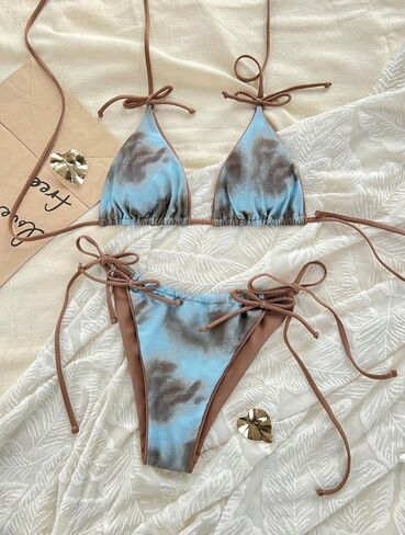 Sexy Triangle String Bikini Set, Leopard/Tie Dye Print, Halter Tie Side 2 Piece Swimsuit, Women's Summer Beachwear in Saudi Arabia