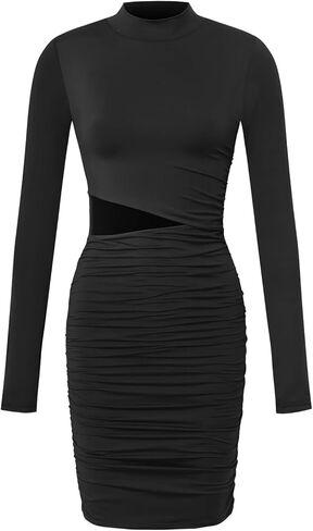 Women's Mock Neck Long Sleeve Cut Out Bodycon Cocktail Club Ruched Mini Dress in Saudi Arabia