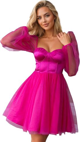 Women Sweetheart Neck Puffy Sleeve A-line Dress Built in Bra Tulle Satin Prom Ball Gown Party Dress in Saudi Arabia