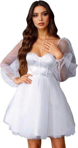 Women Sweetheart Neck Puffy Sleeve A-line Dress Built in Bra Tulle Satin Prom Ball Gown Party Dress in Saudi Arabia