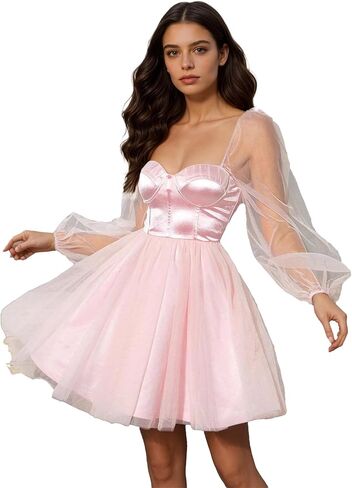 Women Sweetheart Neck Puffy Sleeve A-line Dress Built in Bra Tulle Satin Prom Ball Gown Party Dress in Saudi Arabia