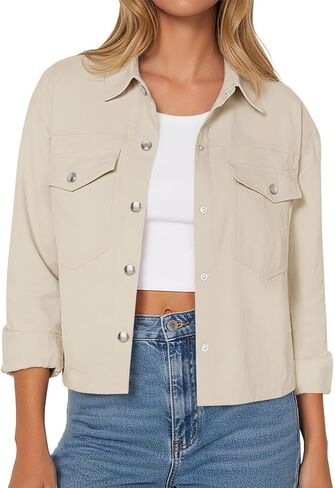 Yousify Womens Cropped Casual Jackets Button Down Lapel Shacket Coats Short Outerwear with Pockets in Saudi Arabia