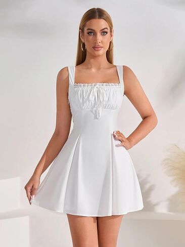 EYNMIN Mini Graduation Dress Lace Square Neck Bow Tie A Line Short Dresses for Women Casual Sundress 2026 Summer in Saudi Arabia