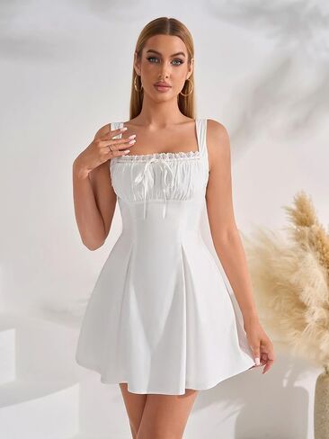 EYNMIN Mini Graduation Dress Lace Square Neck Bow Tie A Line Short Dresses for Women Casual Sundress 2026 Summer in Saudi Arabia