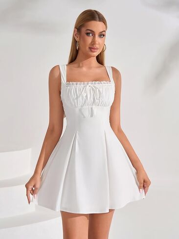 EYNMIN Mini Graduation Dress Lace Square Neck Bow Tie A Line Short Dresses for Women Casual Sundress 2026 Summer in Saudi Arabia