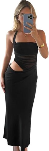 فستان Y2k بلون موحد، فستان طويل بتصميم حضري، فستان طويل لحفلات الكوكتيل للنساء in Kuwait