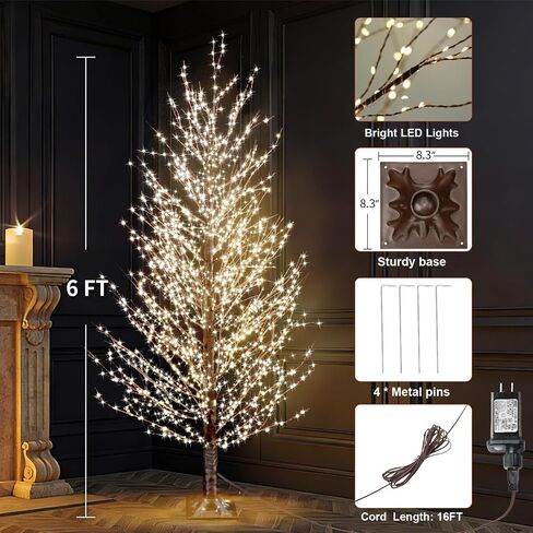 6FT Brown Lighted Birch Tree 1300LEDs Warm White Lights, Xmas Twinkle Tree with Timer,8 Lighting Modes IP44 Waterproof,Lighted Alpine Tree for Indoor Outdoor Festival Party Christmas Decor in Saudi Arabia