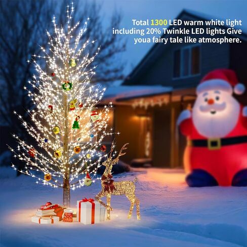 6FT Brown Lighted Birch Tree 1300LEDs Warm White Lights, Xmas Twinkle Tree with Timer,8 Lighting Modes IP44 Waterproof,Lighted Alpine Tree for Indoor Outdoor Festival Party Christmas Decor in Saudi Arabia