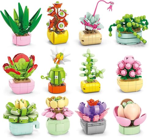 24PCS Flowers Succulents Building Blocks Valentines Day Cards for Kids School Party Favors Classroom Prizes Bulk Artificial Botanical Toy Valentines Exchange Gifts Goodie Bags Stuffers for Girl Boy 6+ in Kuwait