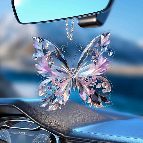 Crystal Butterfly car Accessories for Women, Butterfly car Rear View Mirror Charm Hanging Decoration Accessories Pendant, Cute Purple Aesthetic Decor Gifts Interior Ornament Truck Christmas for Men in Kuwait