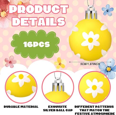 16 Pcs 1.97 Inch Hand Painted Spring Summer Ball Ornaments for Tree Colored Spring Hanging Ornaments Summer Tree Decorations Butterfly Tulip Daisy Decorations for Holiday Party Favors in Saudi Arabia