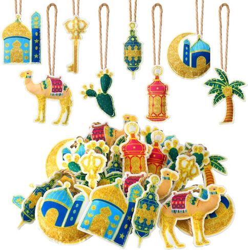 24 Pcs Ramadan Tree Ornaments Felt Eid Mubarak Decoration Eid Al Fitr Hanging Castle Lantern Star Moon Islamic Ornaments for Tree Ramadan Mubarak Decor for Home Party Supplies (Glitter) in Saudi Arabia