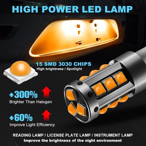 H21W BAY9S LED Bulb,AC/DC 9-30V 1200LM CANBUS Error Free 15-SMD 3030 Chip 64136 LED Light Bulb for Car Interior Dome Map Door Courtesy License Plate Lights.2-Pack. (H21W BAY9S, Amber/Yellow) in Kuwait