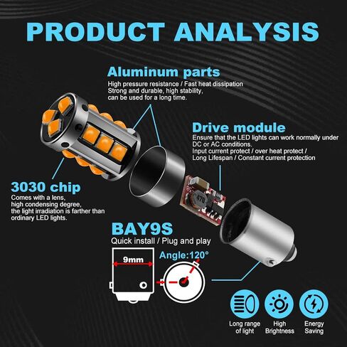 H21W BAY9S LED Bulb,AC/DC 9-30V 1200LM CANBUS Error Free 15-SMD 3030 Chip 64136 LED Light Bulb for Car Interior Dome Map Door Courtesy License Plate Lights.2-Pack. (H21W BAY9S, Amber/Yellow) in Kuwait