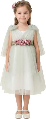 LalaMira Flower Girl Dress Light Pink High Low Tie Shoulder Layered Tulle 3D Rose Big Bow Wedding Party Princess Gown Toddler in Kuwait