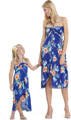 Matching Hawaiian Luau Mother Daughter Halter Dress in Hibiscus Blue in Saudi Arabia