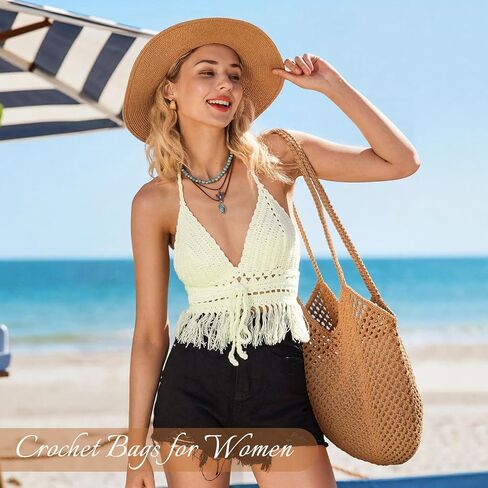 حقائب شاطئ كروشيه للنساء، حقيبة شبكية للشاطئ، حقيبة كتف جمالية للعطلات الصيفية بوهو هوبو in Kuwait