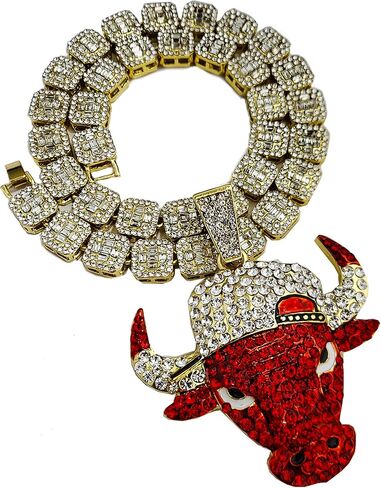14K Gold plated Large Bull Icy Charm Pendant & 12mm 16" 18" 20" Iced Baguette Stone Chain Hip Hop Jewelry Bling Fashion Necklace in Kuwait