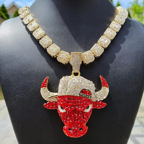 14K Gold plated Large Bull Icy Charm Pendant & 12mm 16" 18" 20" Iced Baguette Stone Chain Hip Hop Jewelry Bling Fashion Necklace in Kuwait