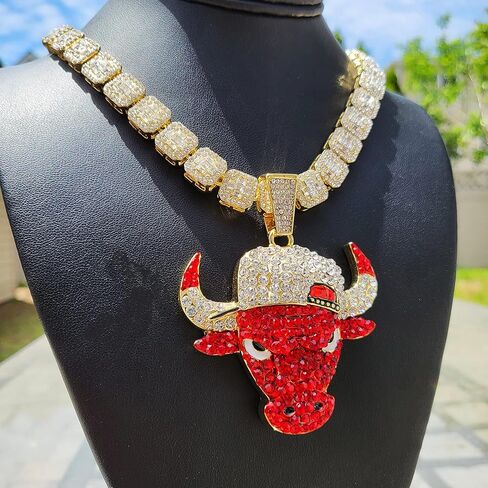 14K Gold plated Large Bull Icy Charm Pendant & 12mm 16" 18" 20" Iced Baguette Stone Chain Hip Hop Jewelry Bling Fashion Necklace in Kuwait