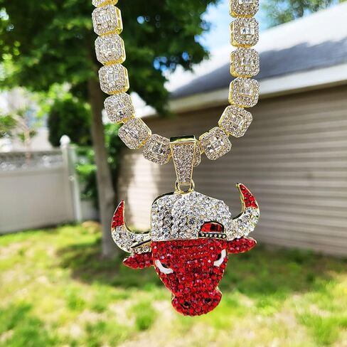 14K Gold plated Large Bull Icy Charm Pendant & 12mm 16" 18" 20" Iced Baguette Stone Chain Hip Hop Jewelry Bling Fashion Necklace in Kuwait