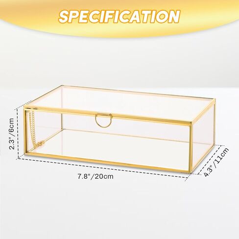 صندوق مجوهرات زجاجي ذهبي عتيق مقاس 7.8 × 4.3 × 2.3 بوصة | صندوق تذكاري للمجوهرات الشفافة العتيقة، صندوق منظم كبير بغطاء ذهبي مع غطاء، صندوق صور زجاجي ذهبي مزخرف in Saudi Arabia