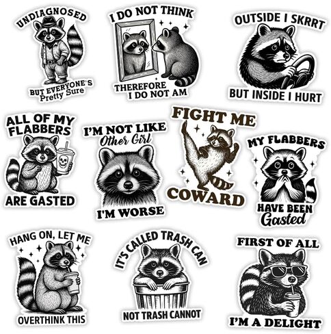 MAIANEY [10Pcs, 3"x3"] Funny Raccoon Sticker, Animal Lover Raccoon Gift, Sarcastic Humor Sticker, Waterproof Vinyl Decal, Gifts Decorations for Hard Hat Laptop Water Bottle Phone Tumbler Window in Saudi Arabia