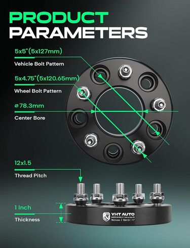 YHTAUTO 5x5 to 5x4.75 Wheel Adapters 1 inch Compatible with Chrysler Dodge Chevrolet Buick, Pacifica Journey Impala Tire Adapters w/ 12x1.5 & 12.9 Studs, 78.3 mm Center Bore 5 Lug 2PCS in Kuwait