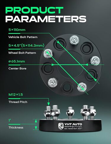 YHTAUTO 5x110mm to 5x4.5Inch Wheel Adapters 1 inch Fit Cadillac, Chevy, Pontiac, Saturn, Saab Models, Malibu Cobalt G6 HHR Catera Wheel, 5 Lug w/ M12x1.5 & 12.9 Studs, 65.1mm Center Bore 4PCS in Kuwait