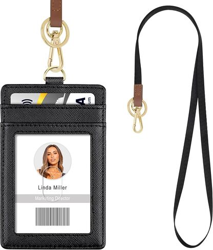 حامل شارة الهوية مع حبل، حامل بطاقة الهوية من جلد البولي يوريثان عمودي مع نافذة واحدة شفافة لبطاقة الهوية، 4 فتحات لبطاقة الائتمان وحبل رقبة قابل للفصل (أسود) in Kuwait