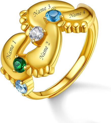 Custom4U جوهرة شخصية الطفل قدم الدائري 925 الفضة الاسترليني مفتوحة قابل للتعديل الأم الطفل القدم مامي خواتم مخصص مجوهرات هدايا عيد الميلاد الوليد للنساء أمي الجدة in Kuwait