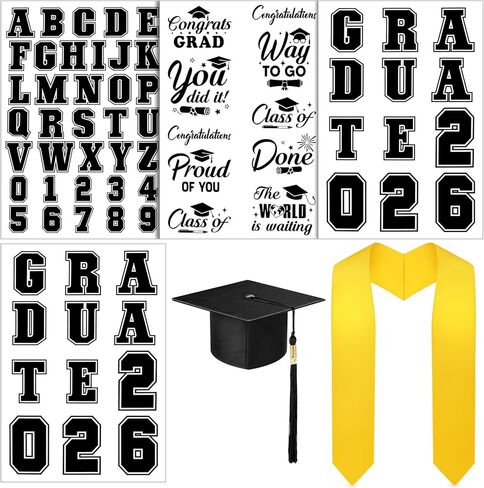 Jetec 6 Pcs Unisex Adult Graduation Stole Cap Set with a to Z Letter 0 to 9 Number Pattern Patches for 2025 Graduation in Kuwait