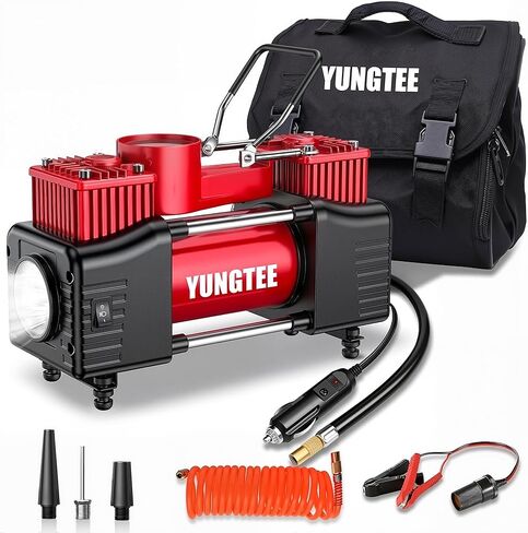 YUNGTEE Tire Inflator Heavy Duty Double Cylinders Direct Drive Inflation Pump,12V Portable Air Compressor Pump with LED Light-Digital Pressure Gauge 150PSI Tire Pump,Apply to Car,SUV,Air Bed in Kuwait