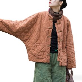 Women's Kimono Jacket Cotton Linen Quilted Coat Chinese Toggle Closure Winter Short Top in Kuwait